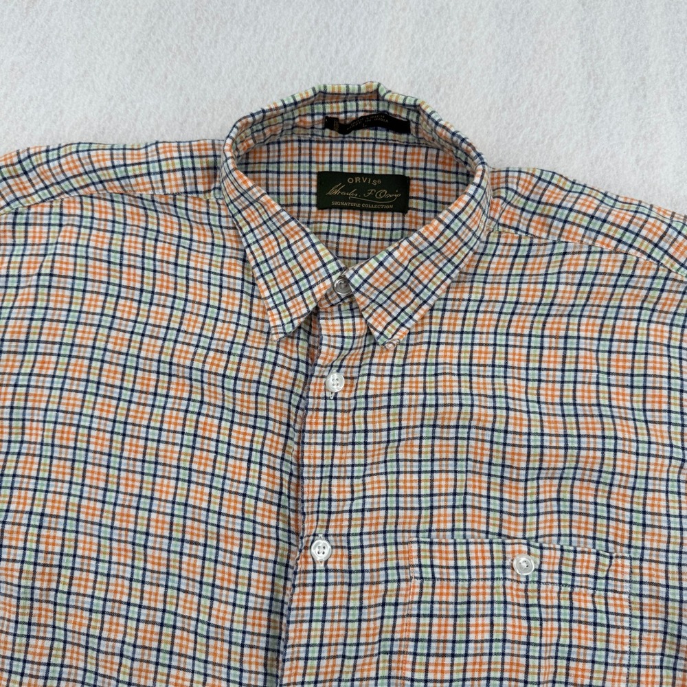 Orvis Signature Collection Mens L 100% Linen Plaid Button Down Shirt Orange/Blue